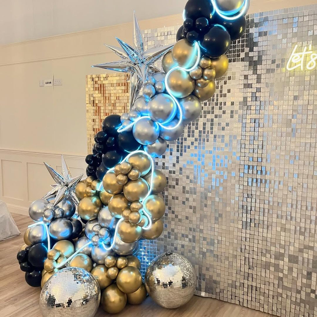 ADOINBY 142-Piece Metallic Black Gold Silver Balloon Arch Kit for Party Decor
