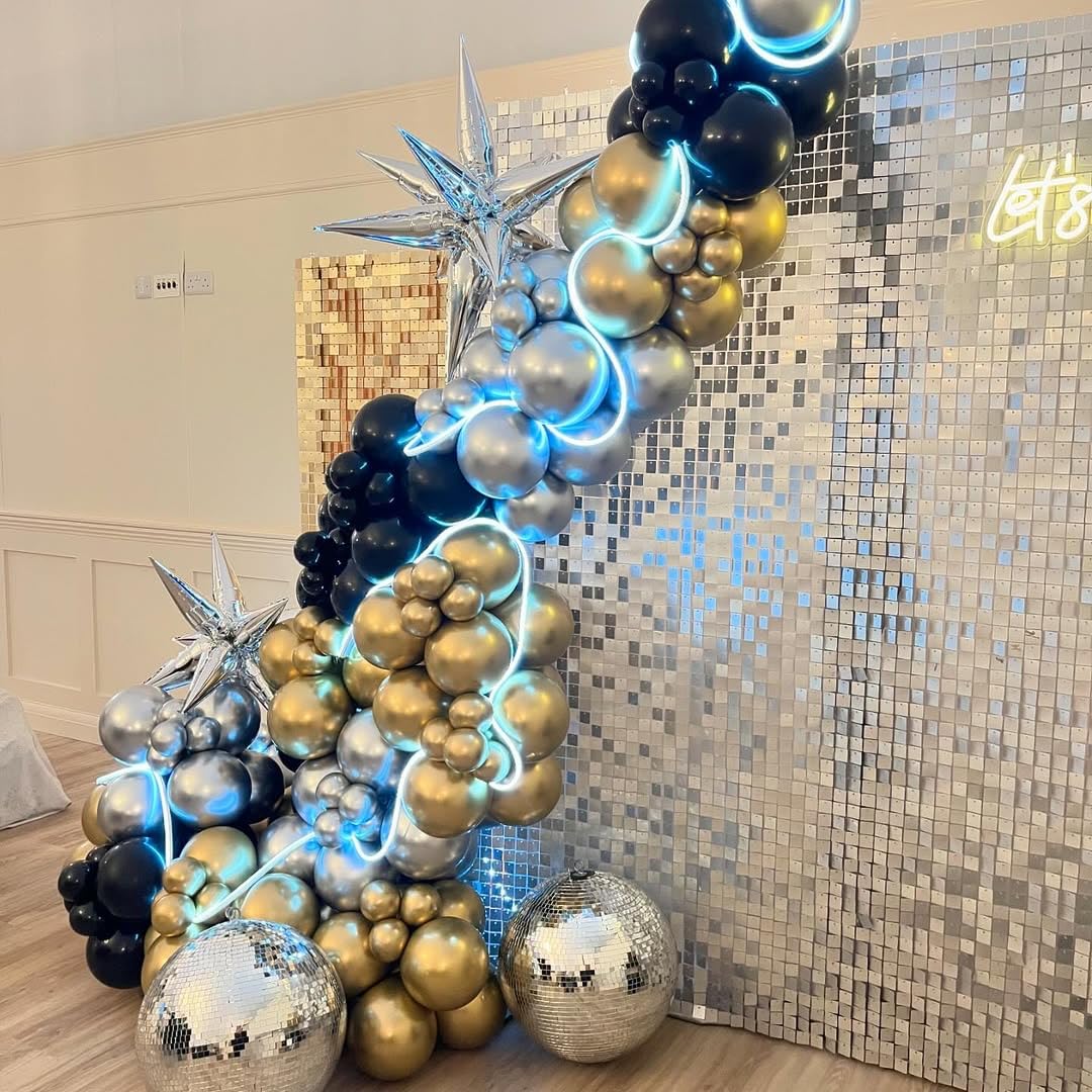 ADOINBY 142-Piece Metallic Black Gold Silver Balloon Arch Kit for Party Decor