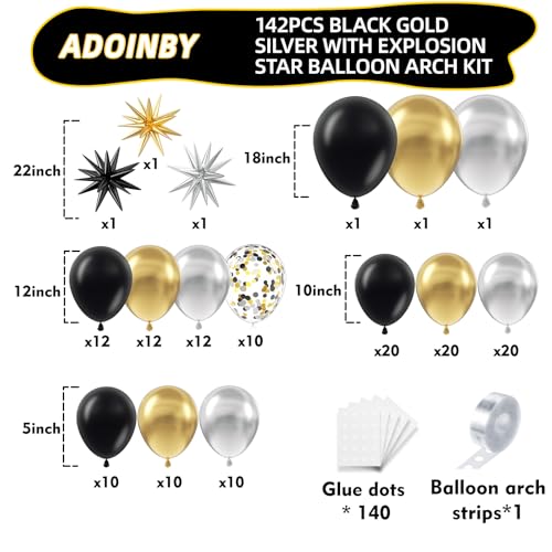 ADOINBY 142-Piece Metallic Black Gold Silver Balloon Arch Kit for Party Decor