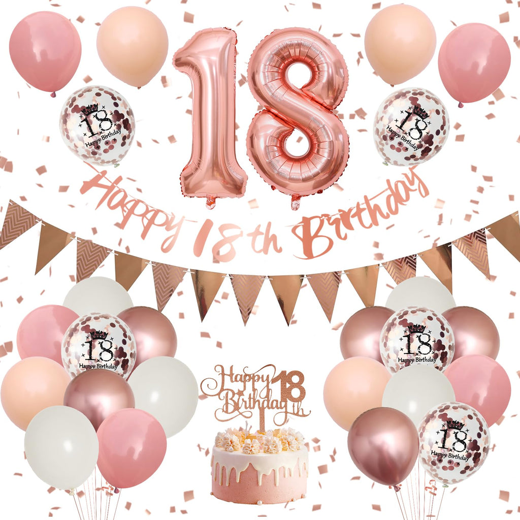 Adorely 18th Birthday Decorations Kit - Blush Pink Rose Gold Banner, Balloons & Cake Topper for Girls Women