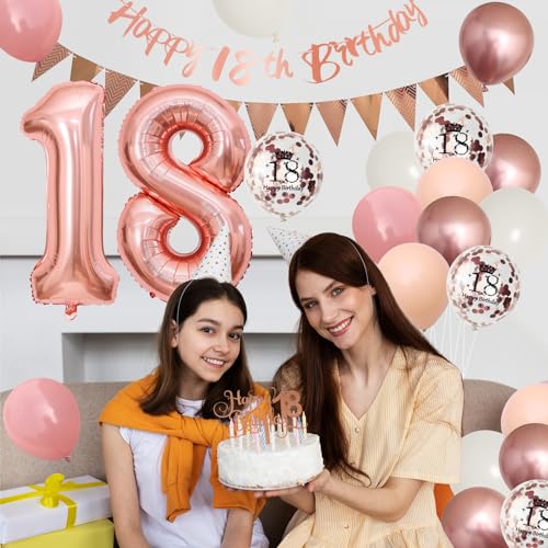 Adorely 18th Birthday Decorations Kit - Blush Pink Rose Gold Banner, Balloons & Cake Topper for Girls Women