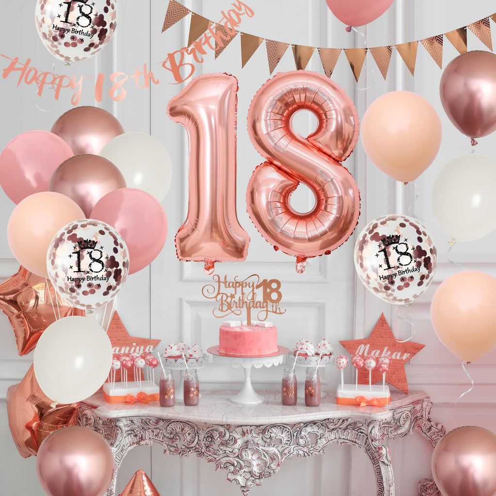 Adorely 18th Birthday Decorations Kit - Blush Pink Rose Gold Banner, Balloons & Cake Topper for Girls Women