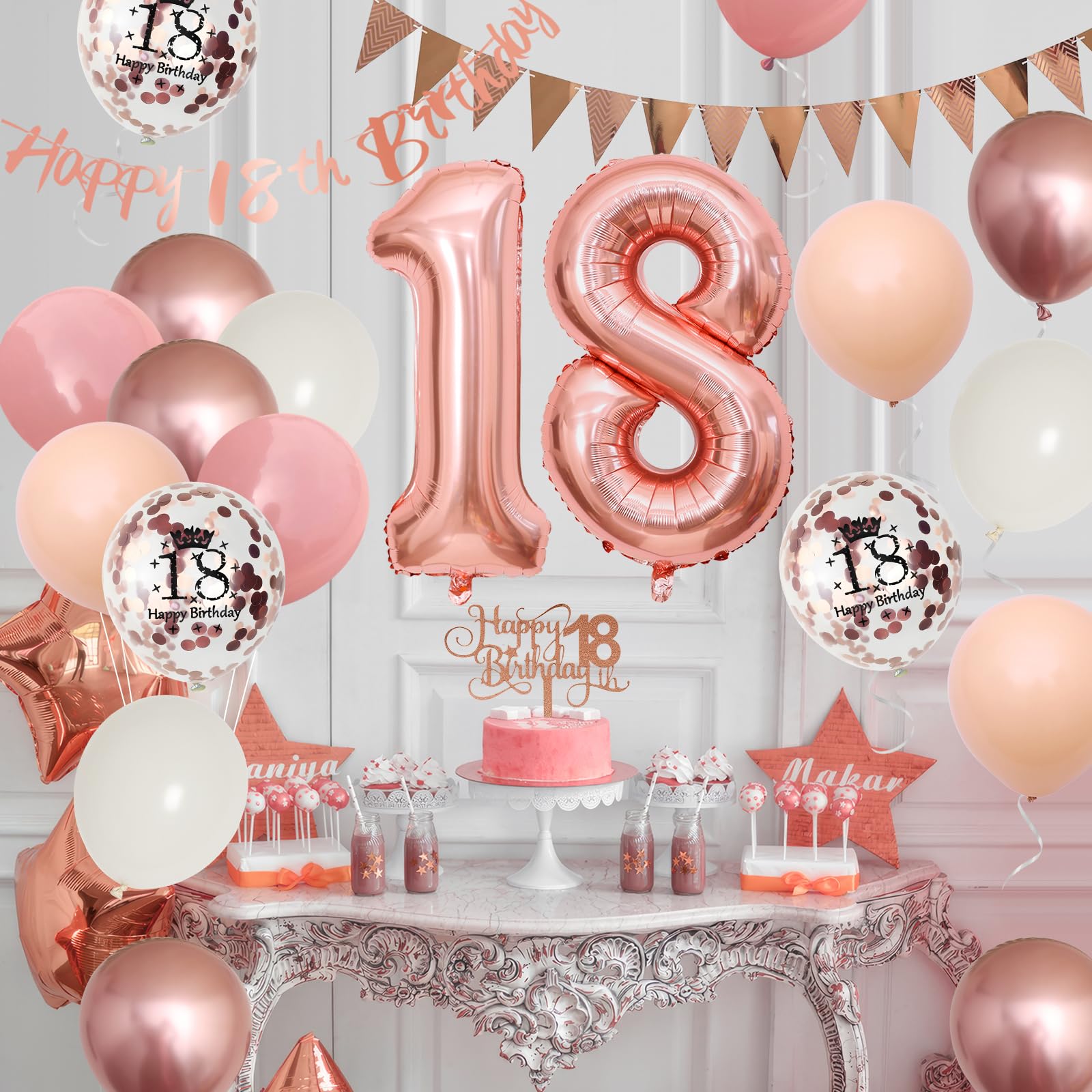 Adorely 18th Birthday Decorations Kit - Blush Pink Rose Gold Banner, Balloons & Cake Topper for Girls Women