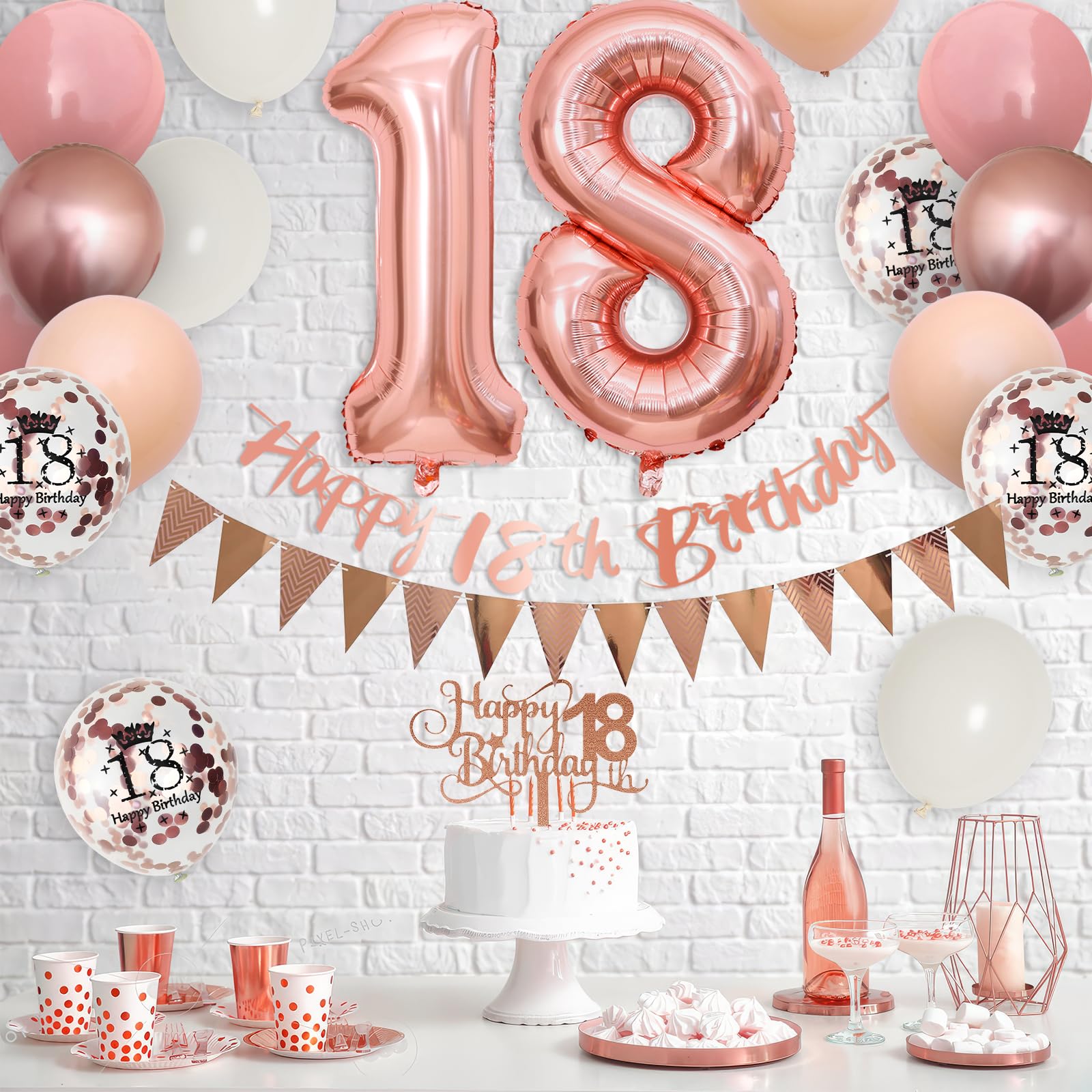Adorely 18th Birthday Decorations Kit - Blush Pink Rose Gold Banner, Balloons & Cake Topper for Girls Women