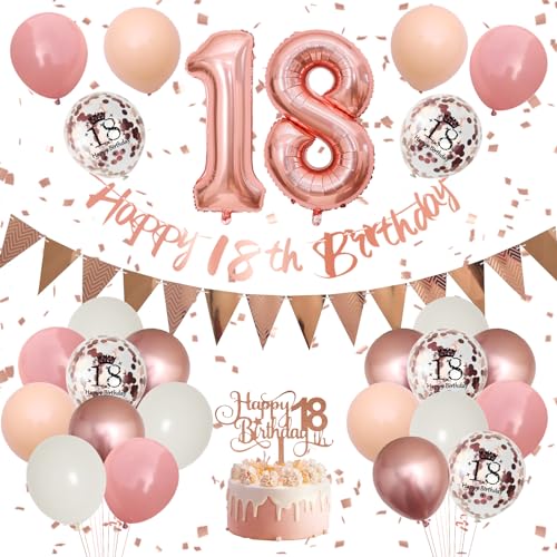 Adorely 18th Birthday Decorations Kit - Blush Pink Rose Gold Banner, Balloons & Cake Topper for Girls Women