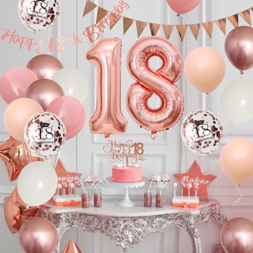 Adorely 18th Birthday Decorations Kit - Blush Pink Rose Gold Banner, Balloons & Cake Topper for Girls Women