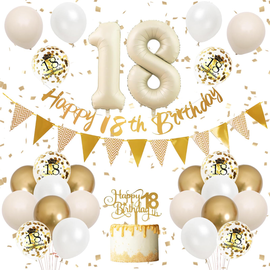 Adorely 18th Birthday Decorations Set – Sand White Gold Theme Banners, Balloons & Cake Topper