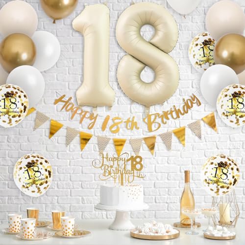 Adorely 18th Birthday Decorations Set – Sand White Gold Theme Banners, Balloons & Cake Topper
