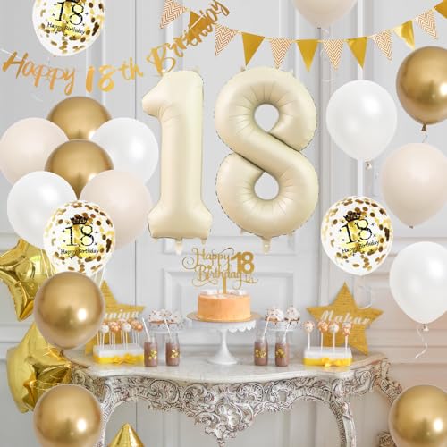 Adorely 18th Birthday Decorations Set – Sand White Gold Theme Banners, Balloons & Cake Topper