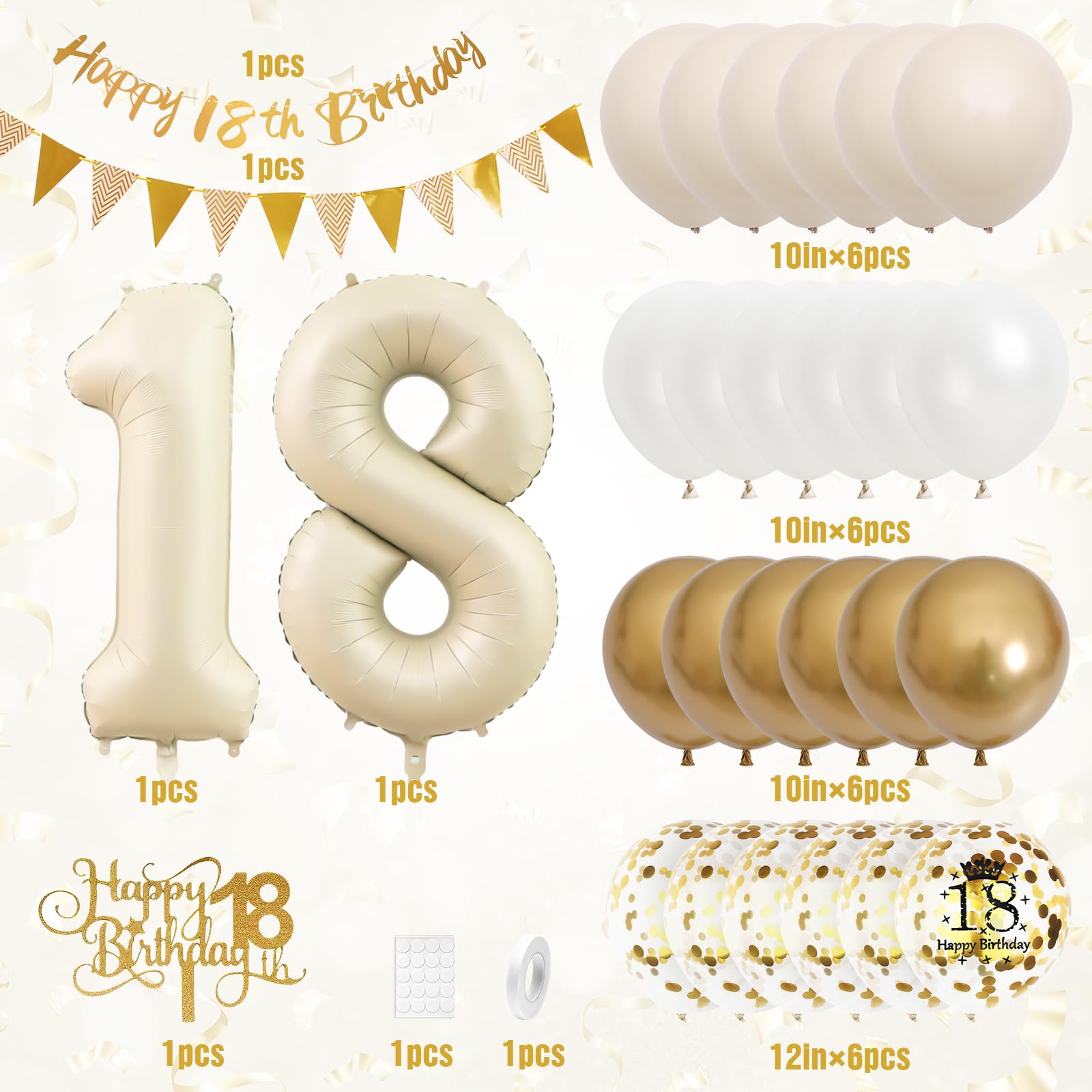 Adorely 18th Birthday Decorations Set – Sand White Gold Theme Banners, Balloons & Cake Topper
