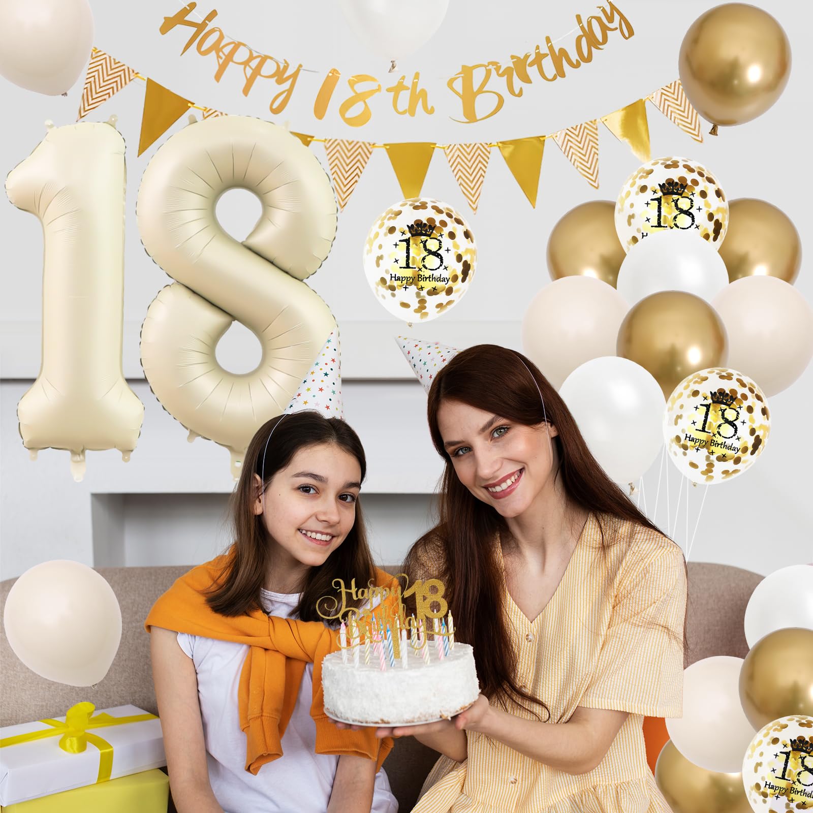 Adorely 18th Birthday Decorations Set – Sand White Gold Theme Banners, Balloons & Cake Topper
