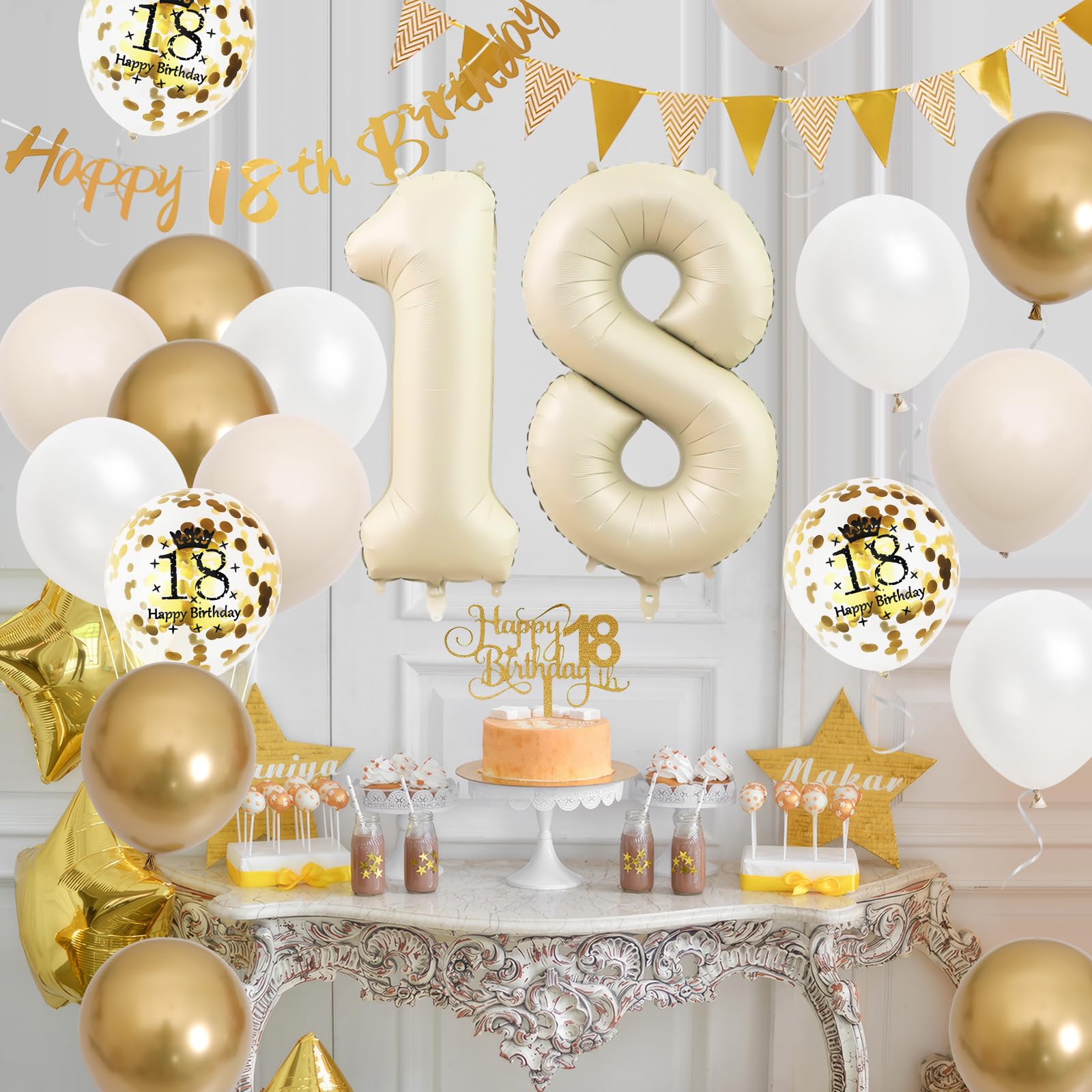 Adorely 18th Birthday Decorations Set – Sand White Gold Theme Banners, Balloons & Cake Topper