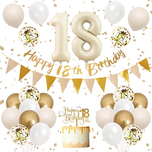 Adorely 18th Birthday Decorations Set – Sand White Gold Theme Banners, Balloons & Cake Topper