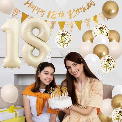 Adorely 18th Birthday Decorations Set – Sand White Gold Theme Banners, Balloons & Cake Topper