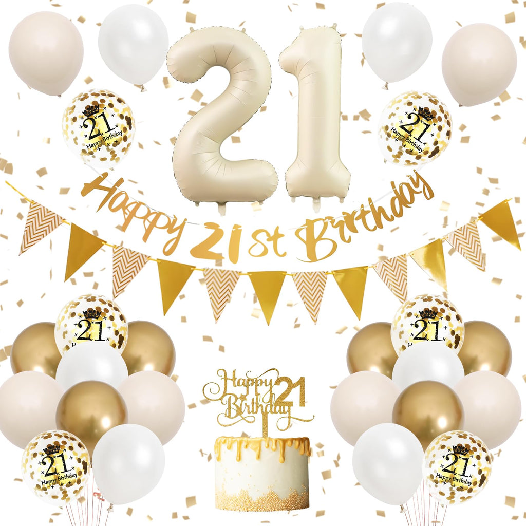 Adorely 21st Birthday Decorations Sand White Gold Set with Banner, Balloons, Cake Topper, and Number 21 Foil Balloon