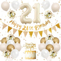 Adorely 21st Birthday Decorations Sand White Gold Set with Banner, Balloons, Cake Topper, and Number 21 Foil Balloon