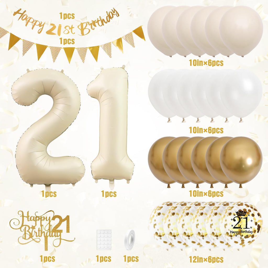 Adorely 21st Birthday Decorations Sand White Gold Set with Banner, Balloons, Cake Topper, and Number 21 Foil Balloon