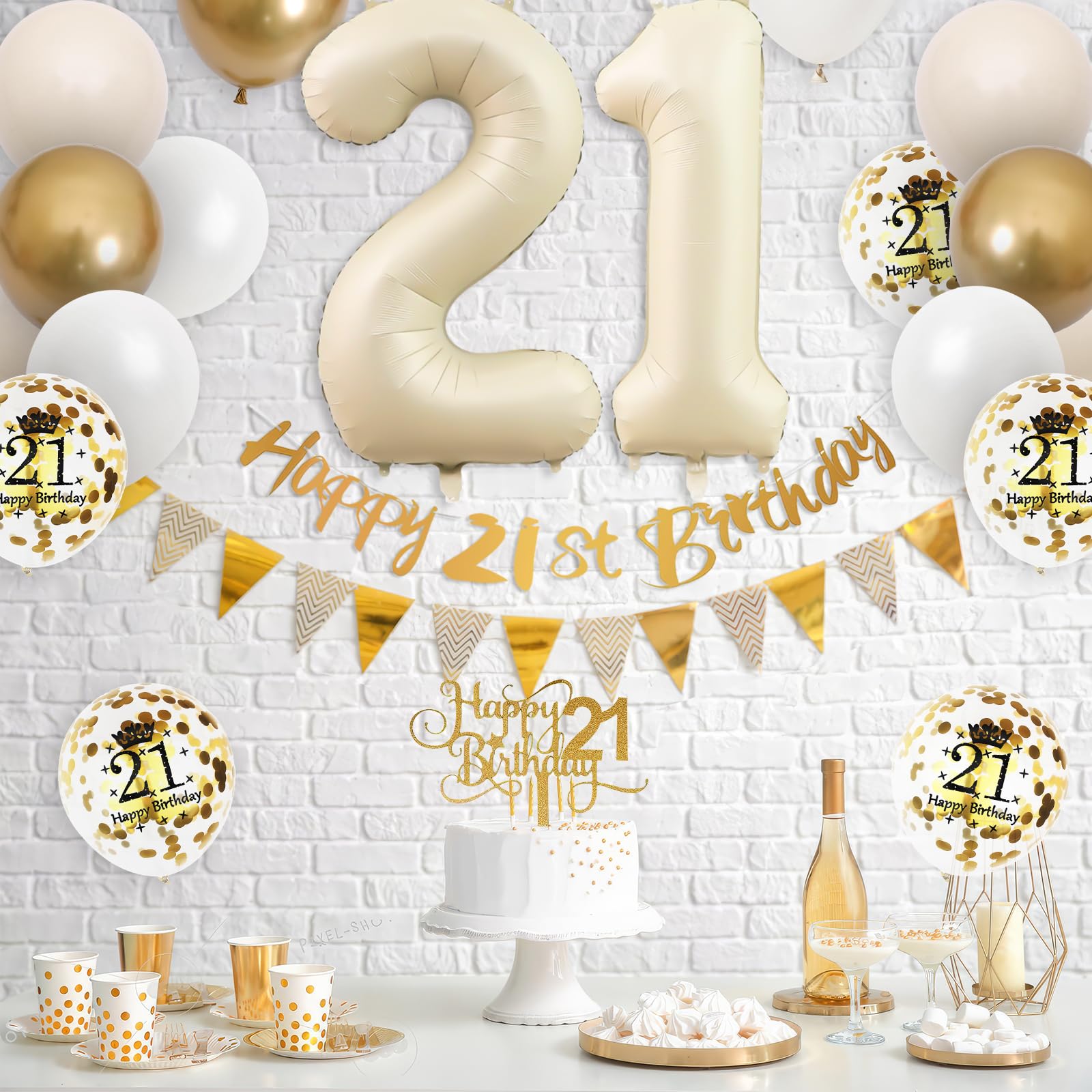 Adorely 21st Birthday Decorations Sand White Gold Set with Banner, Balloons, Cake Topper, and Number 21 Foil Balloon