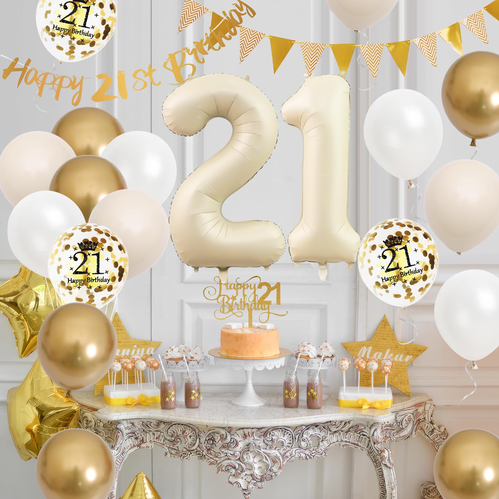 Adorely 21st Birthday Decorations Sand White Gold Set with Banner, Balloons, Cake Topper, and Number 21 Foil Balloon