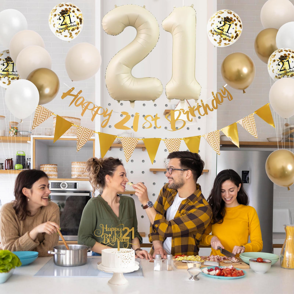 Adorely 21st Birthday Decorations Sand White Gold Set with Banner, Balloons, Cake Topper, and Number 21 Foil Balloon