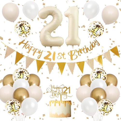 Adorely 21st Birthday Decorations Sand White Gold Set with Banner, Balloons, Cake Topper, and Number 21 Foil Balloon