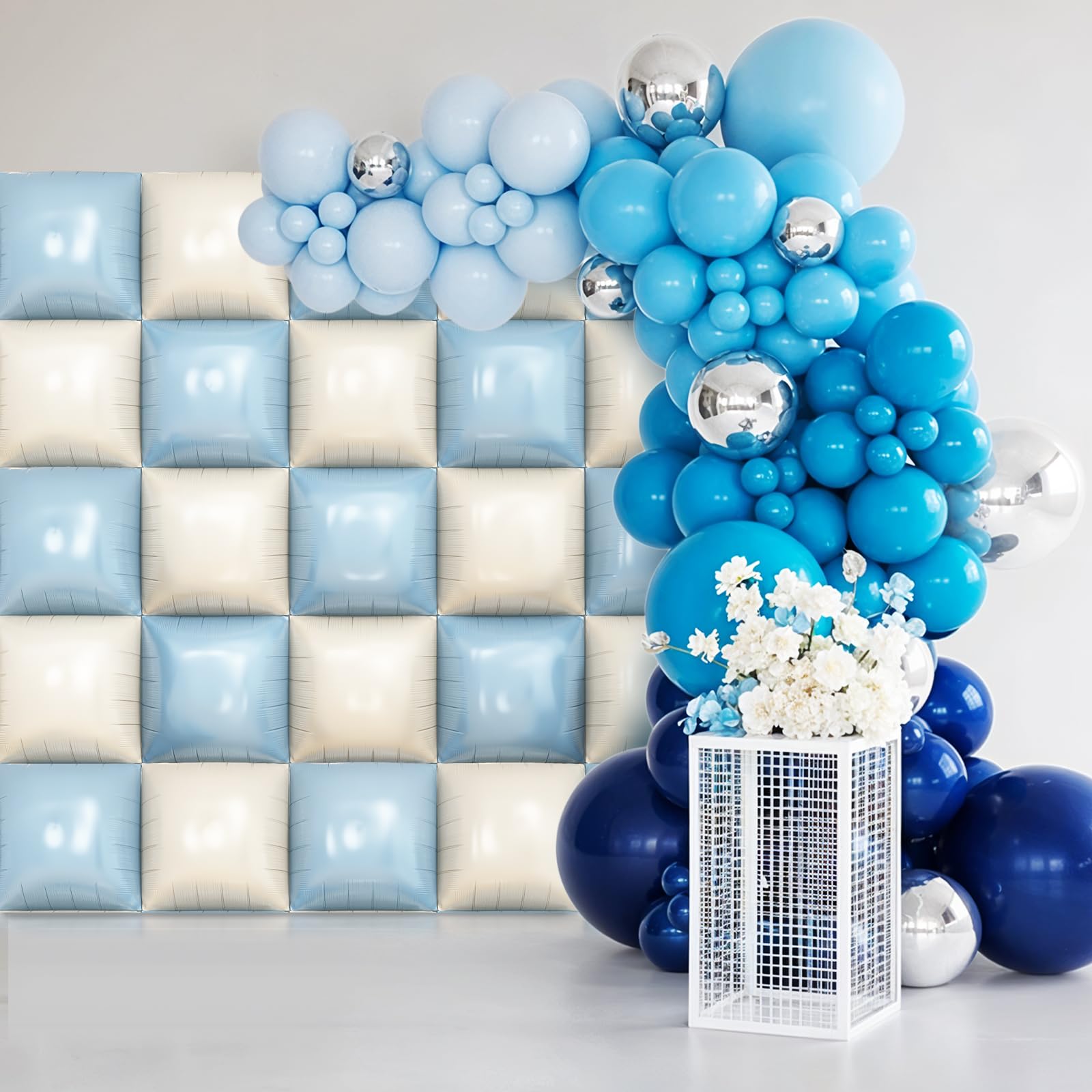 Adorely 25-Pack Double-Sided Foil Balloon Wall Kit – Blue and White Square Balloons for Party Backdrop Decor