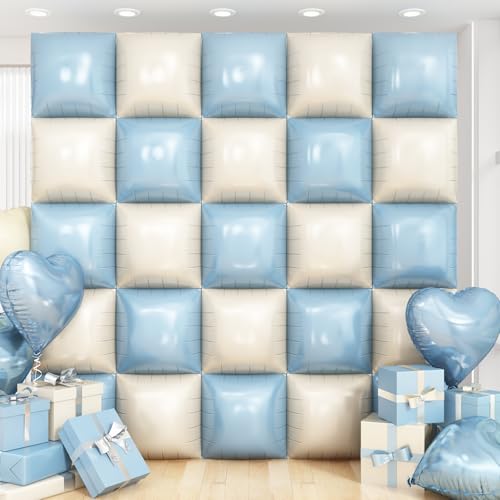 Adorely 25-Pack Double-Sided Foil Balloon Wall Kit – Blue and White Square Balloons for Party Backdrop Decor
