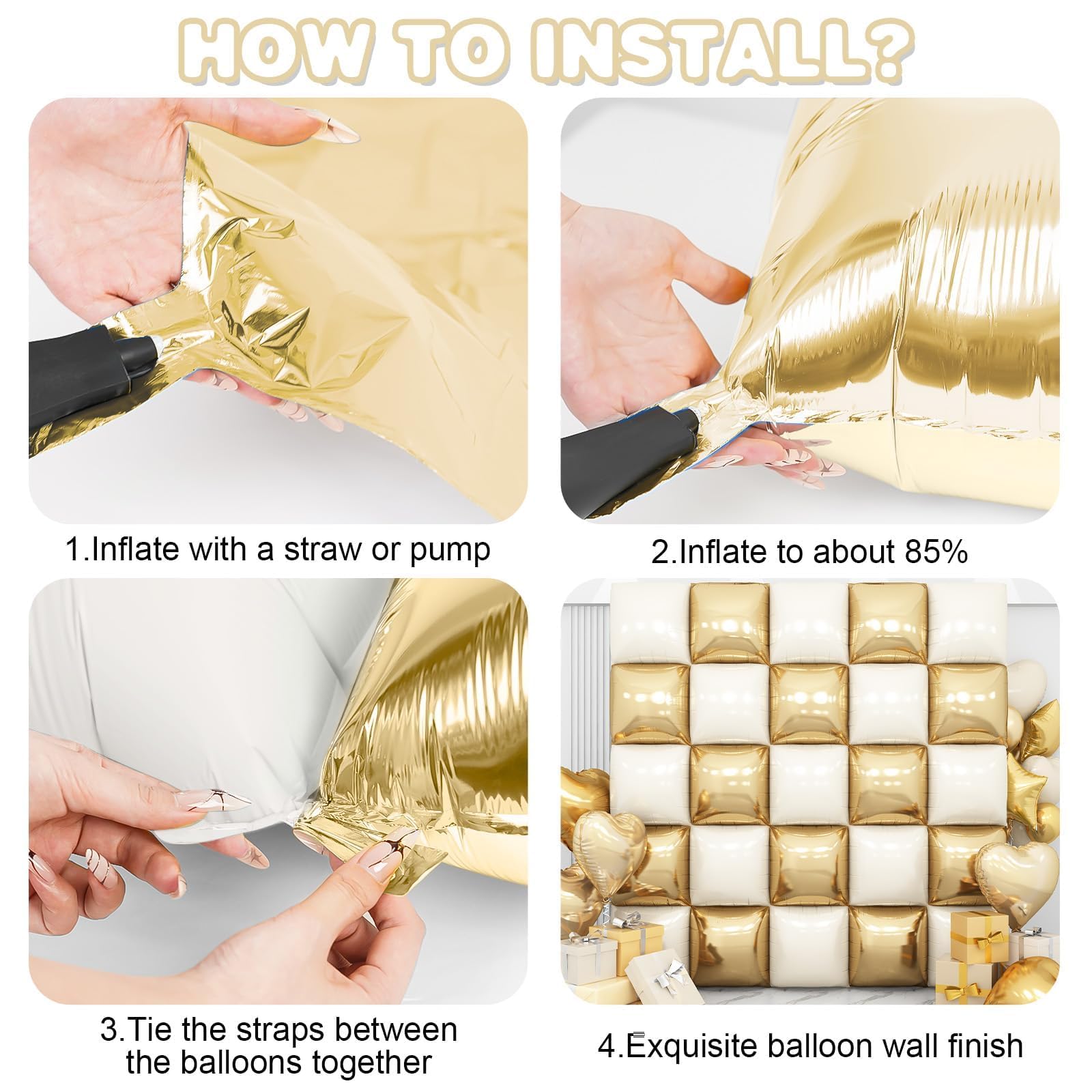 Adorely 25-Pack Double-Sided Gold White Square Foil Balloons – 19 Inch Party Backdrop Kit