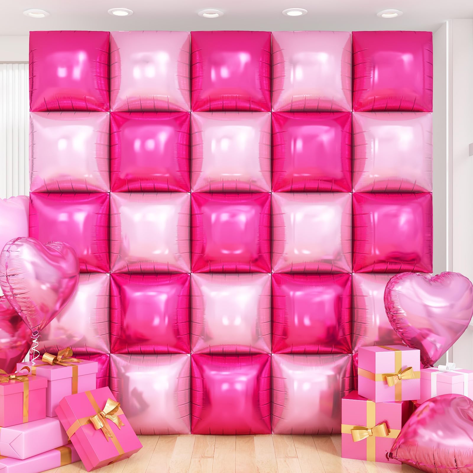 Adorely 25-Piece Double-Sided Hot Pink Square Foil Balloon Wall Kit - 19-Inch Party Backdrop for Valentine's Day, Birthdays, and More