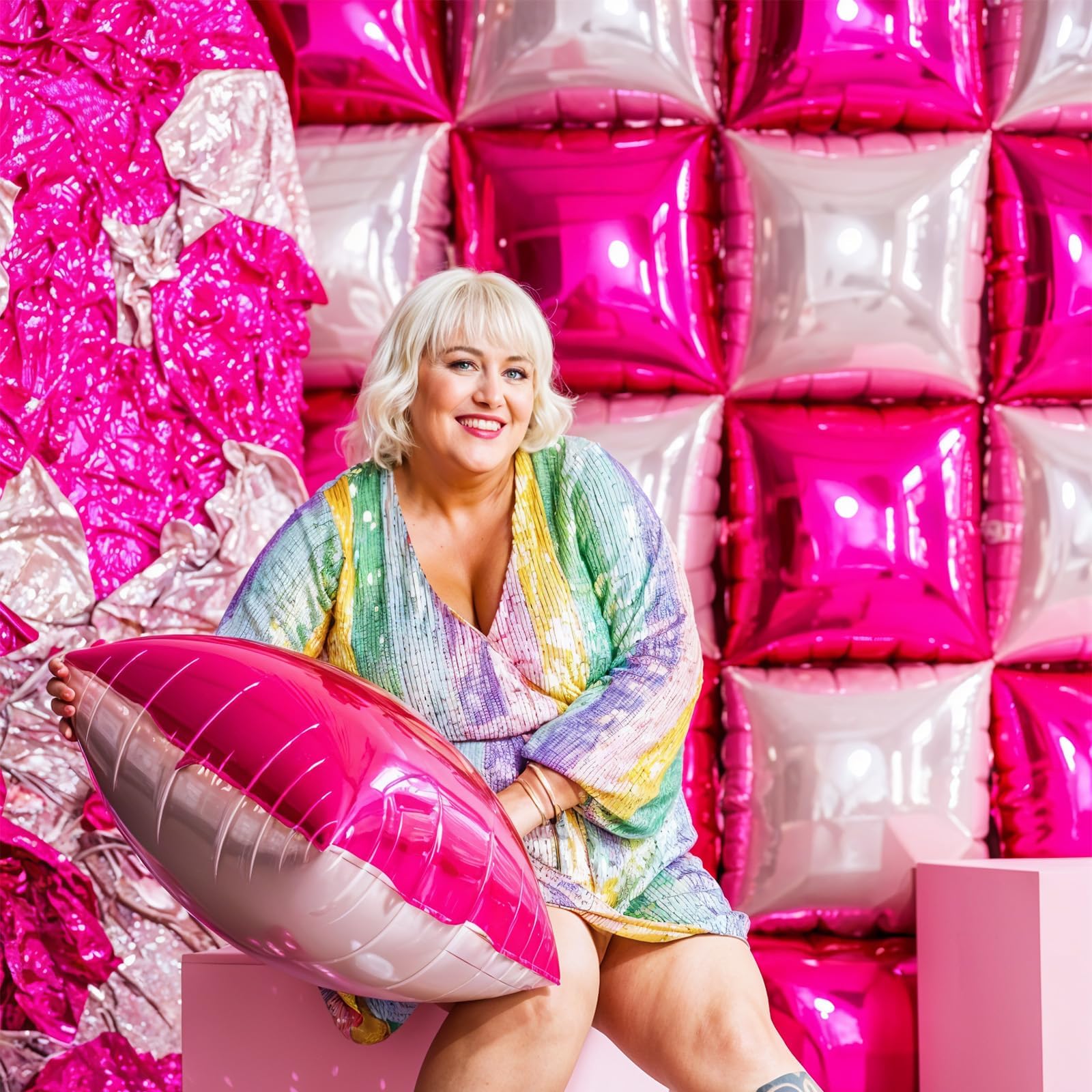 Adorely 25-Piece Double-Sided Hot Pink Square Foil Balloon Wall Kit - 19-Inch Party Backdrop for Valentine's Day, Birthdays, and More