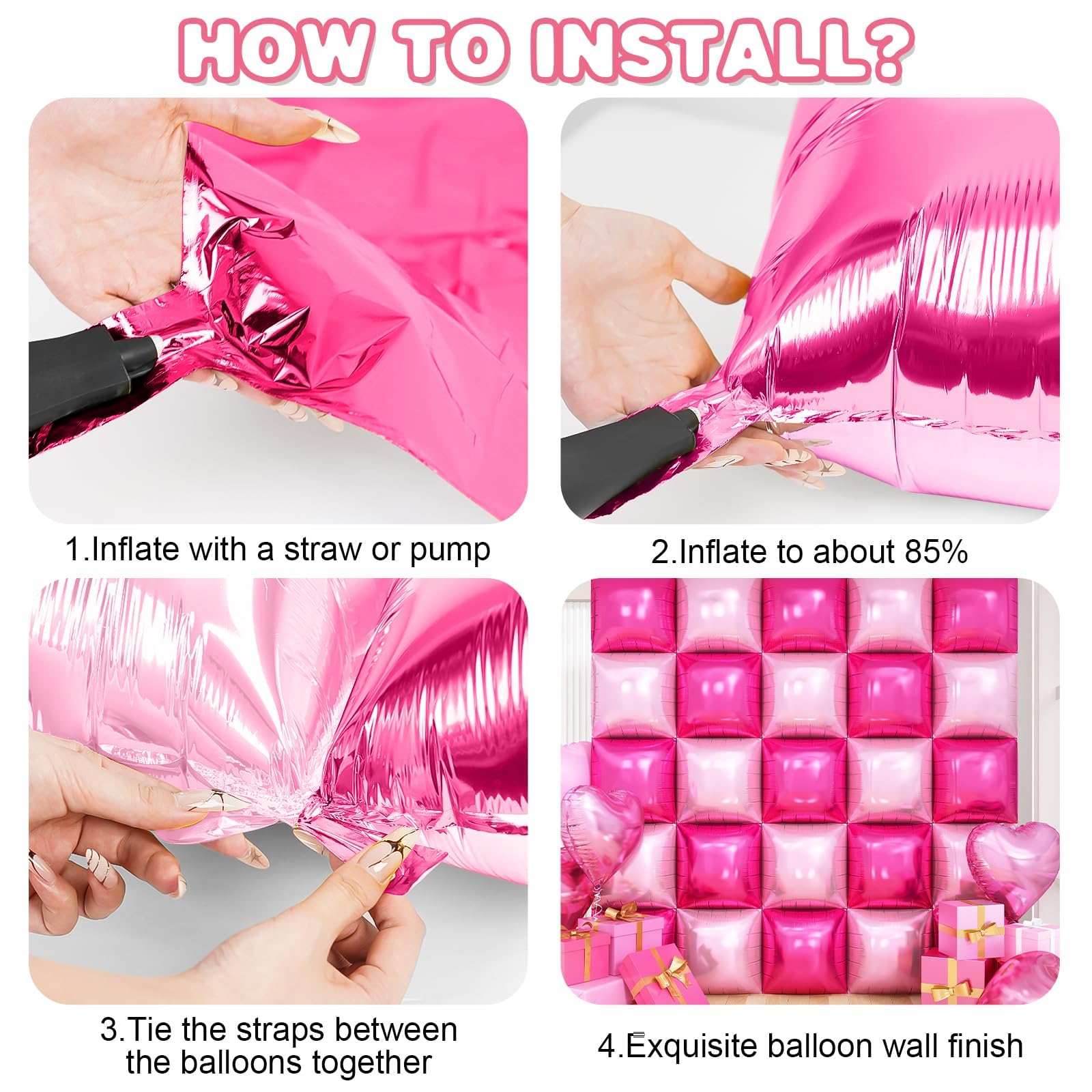 Adorely 25-Piece Double-Sided Hot Pink Square Foil Balloon Wall Kit - 19-Inch Party Backdrop for Valentine's Day, Birthdays, and More