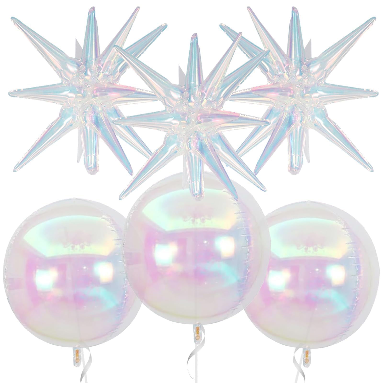 Adorely 6-Pack Iridescent Foil Balloons - 22 Inch Clear 4D Round and Explosion Star Balloons for Party Decor