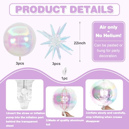 Adorely 6-Pack Iridescent Foil Balloons - 22 Inch Clear 4D Round and Explosion Star Balloons for Party Decor