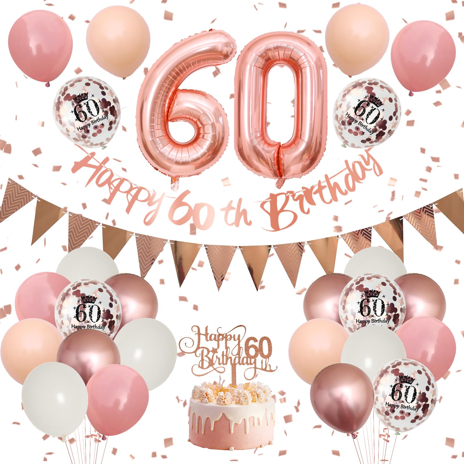 Adorely 60th Birthday Decorations – Pink Rose Gold Set with Banner, Balloons & Cake Topper for Women