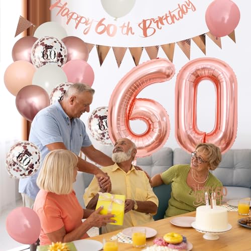 Adorely 60th Birthday Decorations – Pink Rose Gold Set with Banner, Balloons & Cake Topper for Women