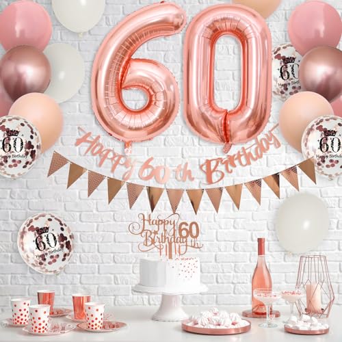 Adorely 60th Birthday Decorations – Pink Rose Gold Set with Banner, Balloons & Cake Topper for Women