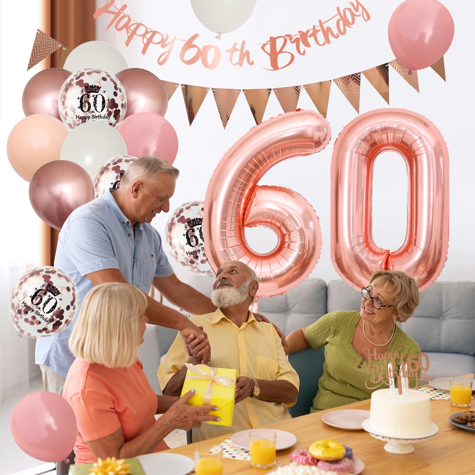 Adorely 60th Birthday Decorations – Pink Rose Gold Set with Banner, Balloons & Cake Topper for Women