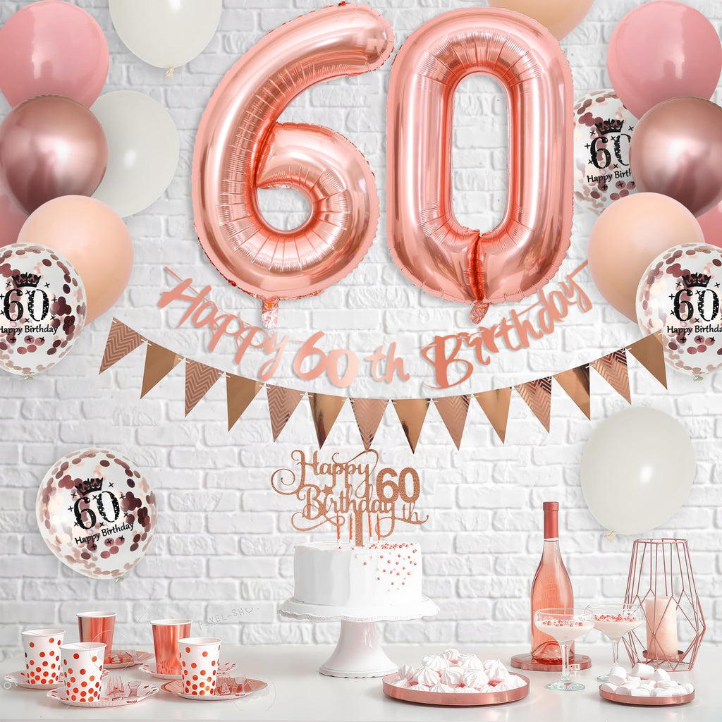 Adorely 60th Birthday Decorations – Pink Rose Gold Set with Banner, Balloons & Cake Topper for Women