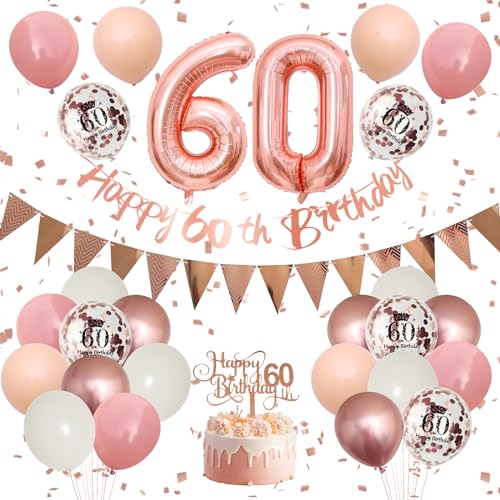 Adorely 60th Birthday Decorations – Pink Rose Gold Set with Banner, Balloons & Cake Topper for Women