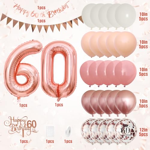 Adorely 60th Birthday Decorations – Pink Rose Gold Set with Banner, Balloons & Cake Topper for Women