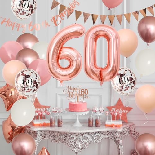 Adorely 60th Birthday Decorations – Pink Rose Gold Set with Banner, Balloons & Cake Topper for Women