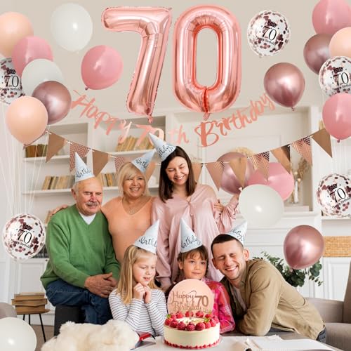 Adorely 70th Birthday Decorations Kit – Retro Pink Rose Gold Banner, Balloons, Cake Topper, and More for Women's Party