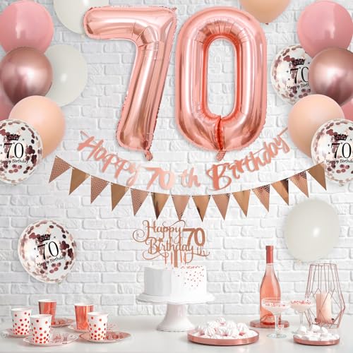 Adorely 70th Birthday Decorations Kit – Retro Pink Rose Gold Banner, Balloons, Cake Topper, and More for Women's Party