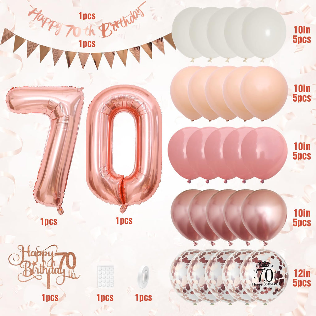 Adorely 70th Birthday Decorations Kit – Retro Pink Rose Gold Banner, Balloons, Cake Topper, and More for Women's Party