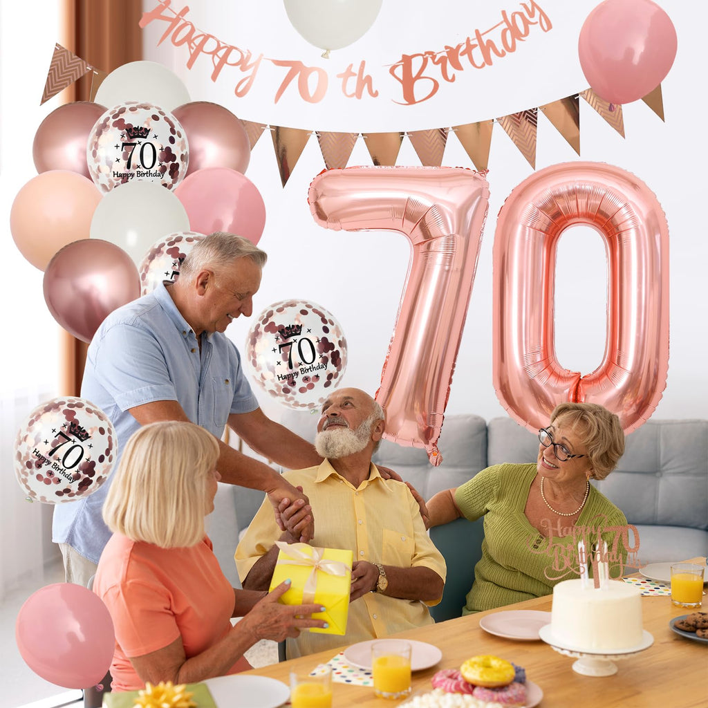 Adorely 70th Birthday Decorations Kit – Retro Pink Rose Gold Banner, Balloons, Cake Topper, and More for Women's Party