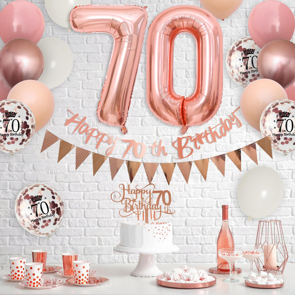 Adorely 70th Birthday Decorations Kit – Retro Pink Rose Gold Banner, Balloons, Cake Topper, and More for Women's Party