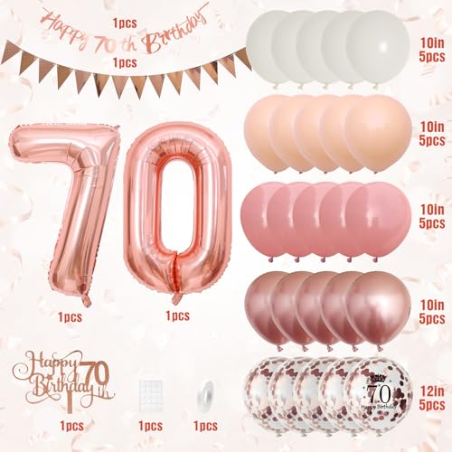 Adorely 70th Birthday Decorations Kit – Retro Pink Rose Gold Banner, Balloons, Cake Topper, and More for Women's Party