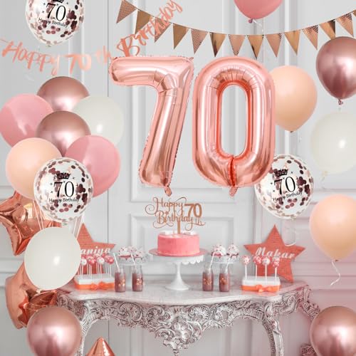 Adorely 70th Birthday Decorations Kit – Retro Pink Rose Gold Banner, Balloons, Cake Topper, and More for Women's Party