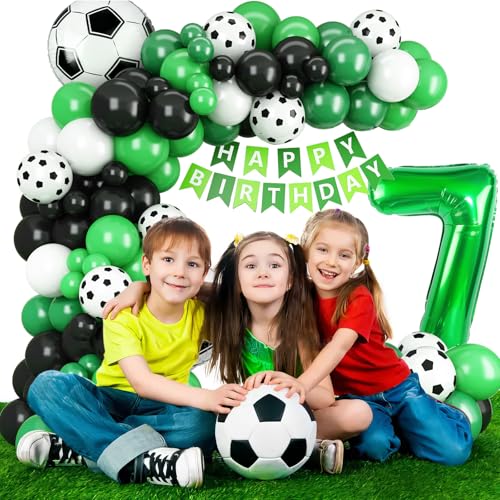 Adorely 7th Birthday Soccer Balloon Arch Kit - Green Black Balloon Garland with Number 7 Foil Balloon for Boys Kids Soccer Party Decorations