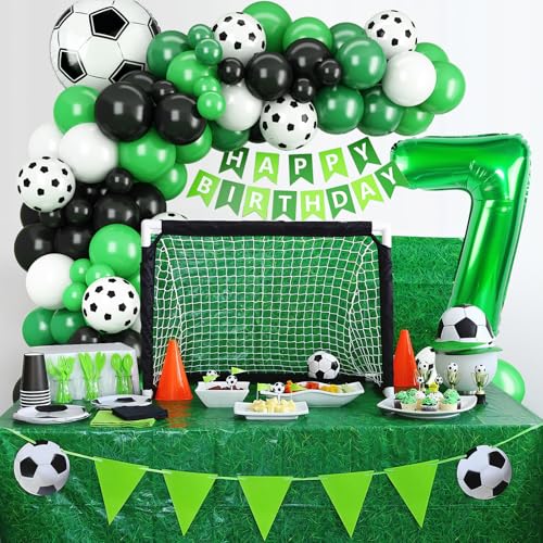 Adorely 7th Birthday Soccer Balloon Arch Kit - Green Black Balloon Garland with Number 7 Foil Balloon for Boys Kids Soccer Party Decorations
